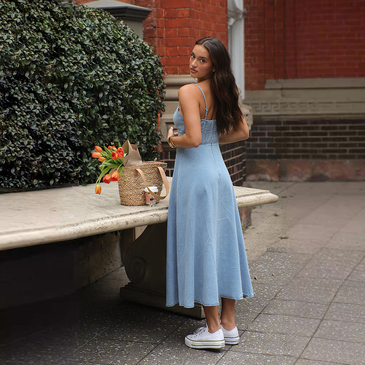 Damen Maxikleid im Denim-Stil mit tailliertem Schnitt und Spaghetti-Trägern Drune
