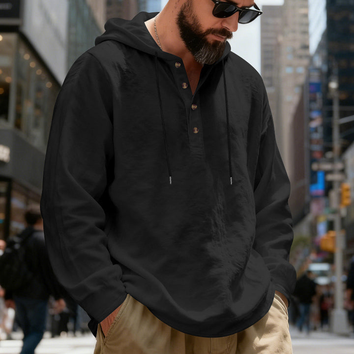 Herren nan legeres Henley-Kapuzenhemd mit Knopfleiste, Kordelzug und gerundetem Saum Drune