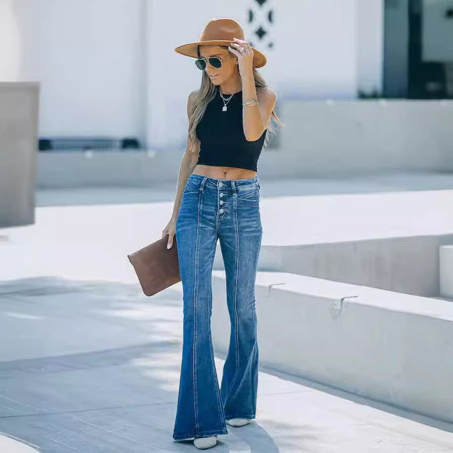 Damen High-Waist Bootcut Jeans mit eleganten Knopfdetails Drune