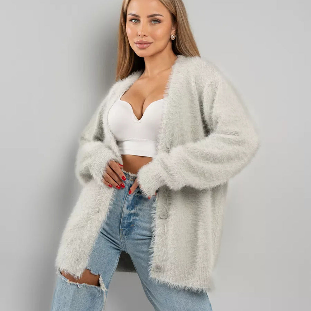 Damen Flauschiger Cardigan mit Knopfverschluss und weitem Schnitt Drune