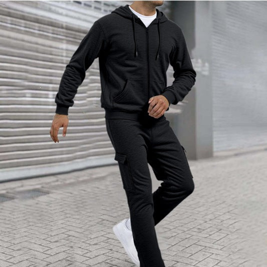 Herren nan athletischer Zip-Sweatset mit Cargo-Jogginghose, ergonomischen Nähten und gerippten Bündchen Drune