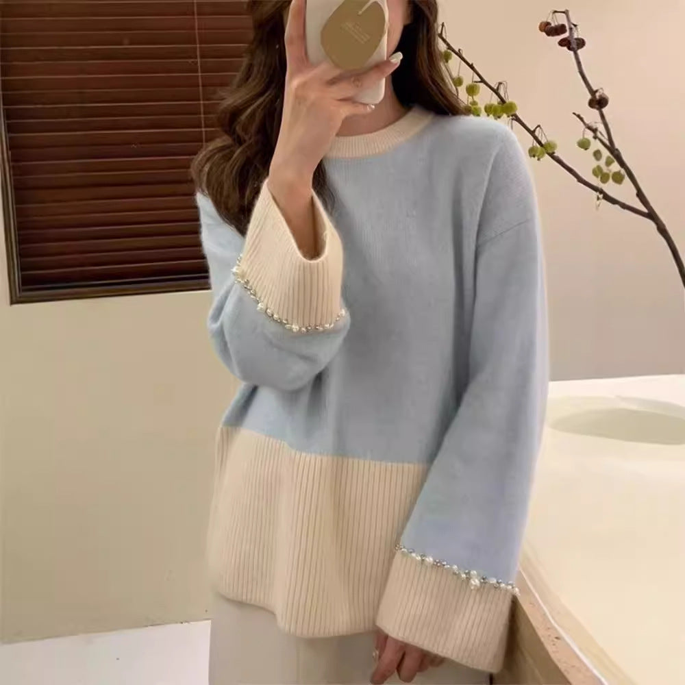 Damen Modischer Strickpullover mit perlverzierten Ärmeln Drune