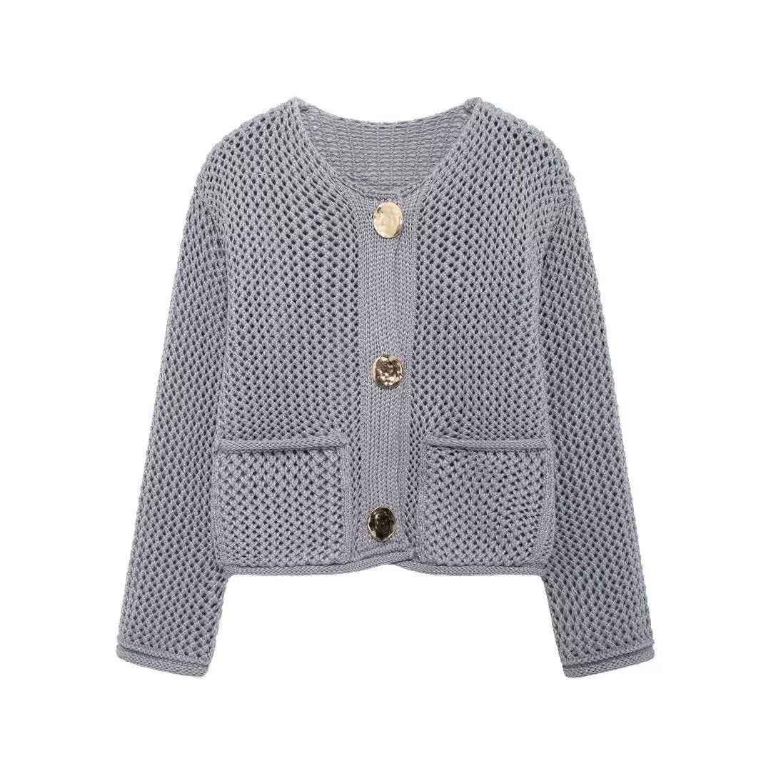 Damen Strickjacke mit Netzstruktur und großen Knopfdetails Drune