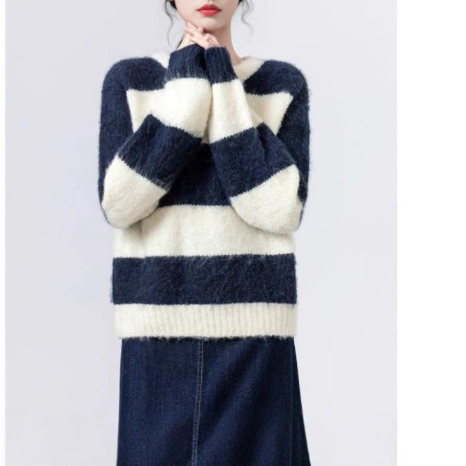 Damen Modischer Kuschel-Pullover mit Streifenmuster Drune