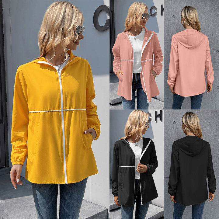 Damen leichte Regenjacke mit praktischer Kapuze und seitlichen Taschen Drune