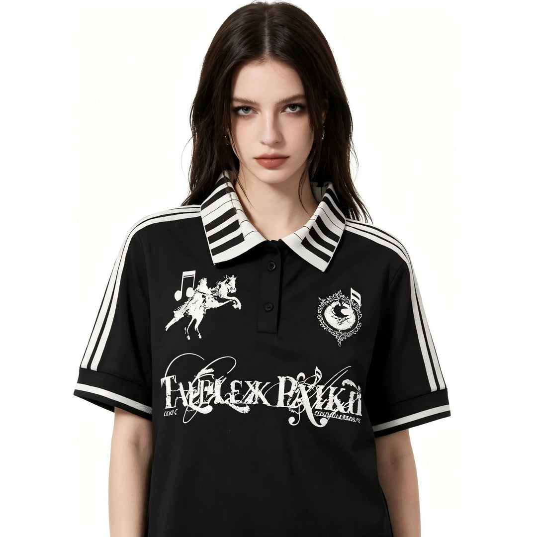 Damen Poloshirt mit kreativem Druck und Streifenmuster Drune