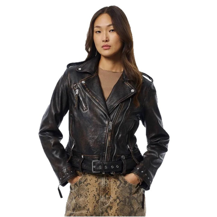 Damen Kunstleder Bikerjacke mit asymmetrischem Reißverschluss Drune