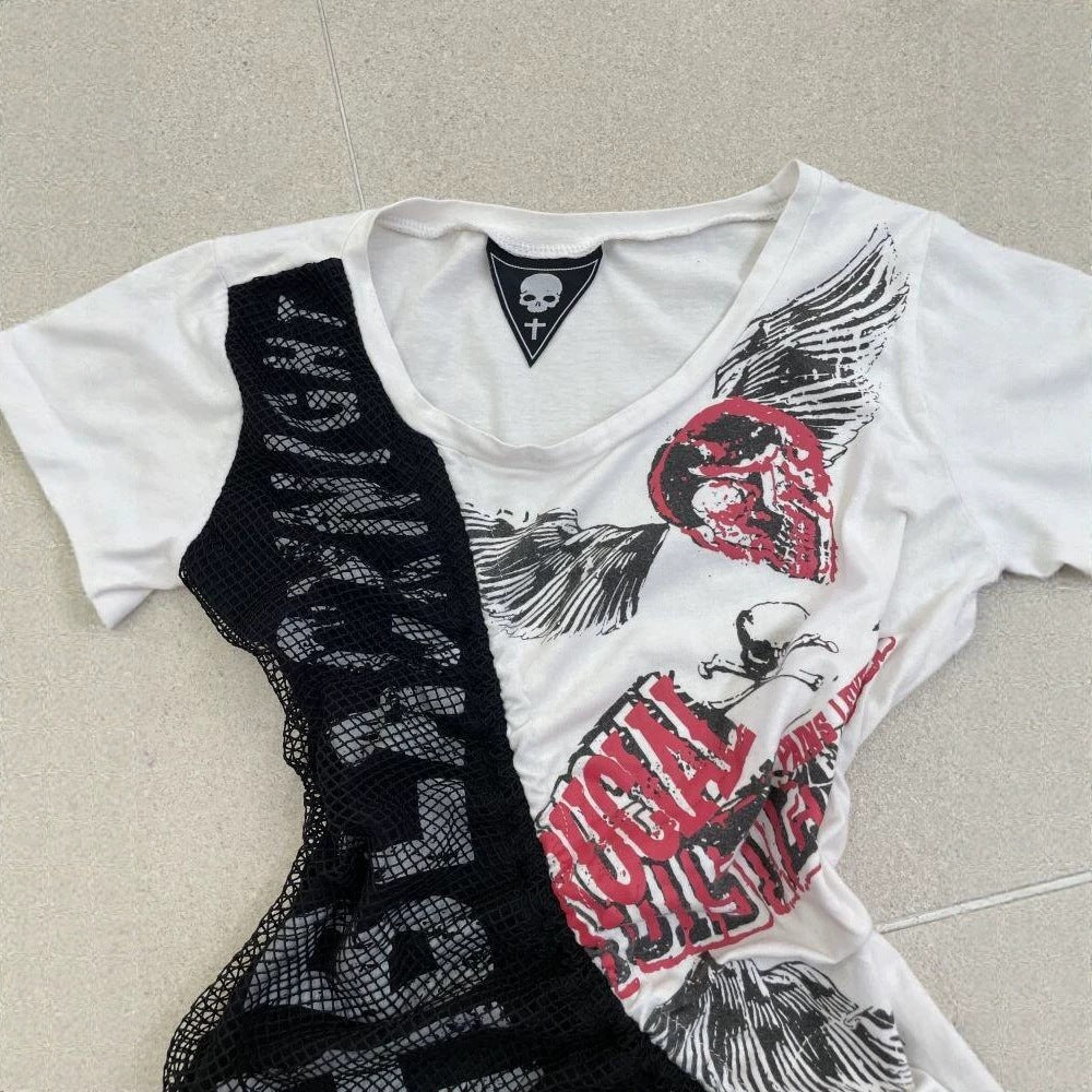 Damen lässiges T-Shirt mit einzigartigem Grafikdesign und sportlichem Mesh-Einsatz Drune