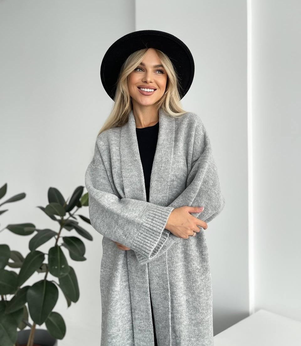 Damen Lange Strickjacke mit tiefem Kragen Drune