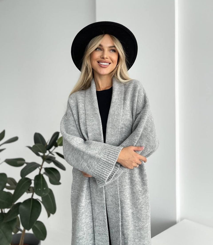 Damen Lange Strickjacke mit tiefem Kragen Drune