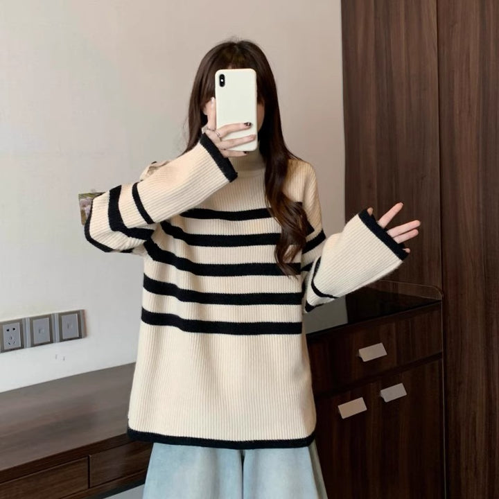 Damen Gestreifter Pullover mit modernem Kragen und Knopfdetails Drune