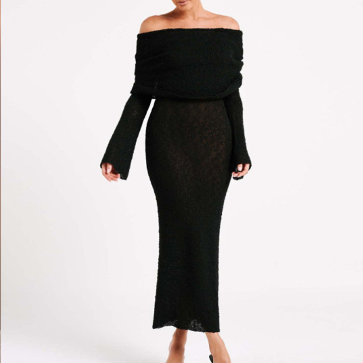 Damen Off-Shoulder Maxikleid mit langem Arm und elegantem Stoff Drune