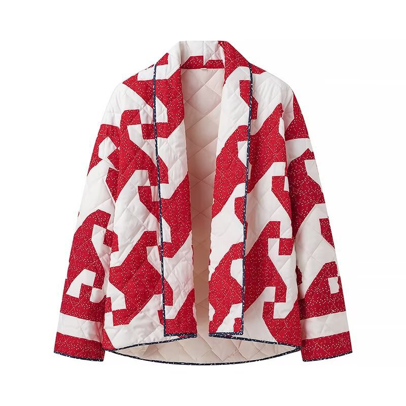 Damen gestepptes Überwurfjacke mit modernem Grafikdesign und großzügigen Taschen Drune