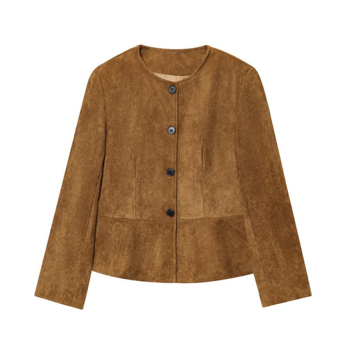 Damen elegante Kunstlederjacke mit knopfbeschichtetem Design Drune