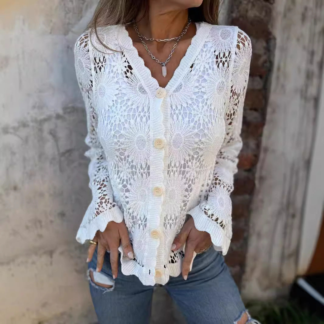 Damen Häkeljacke mit floralen Mustern und Knopfverschluss Drune