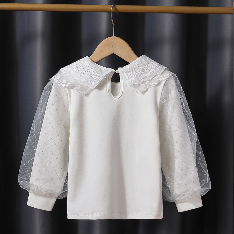 Mädchen modische Bluse mit eleganten Tüllärmeln und kunstvoller Spitzenverzierung Drune