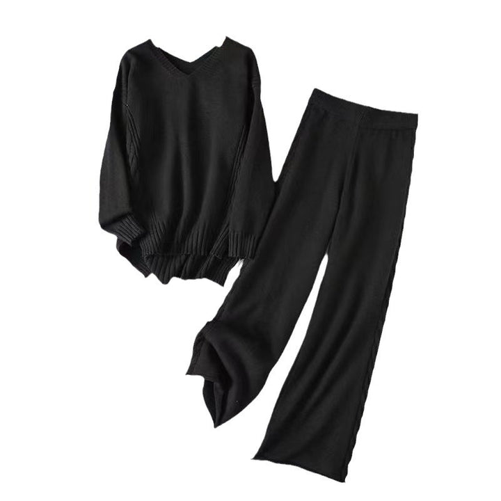 Damen kuscheliges Strickset mit V-Ausschnitt und Rippstruktur Drune