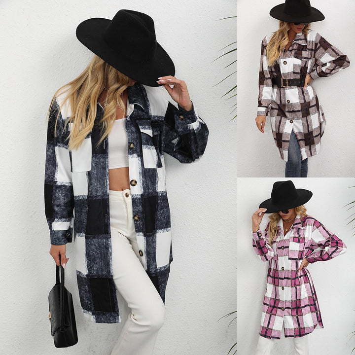 Damen Karomuster Longbluse mit Knopfverschluss und Seitentaschen Drune