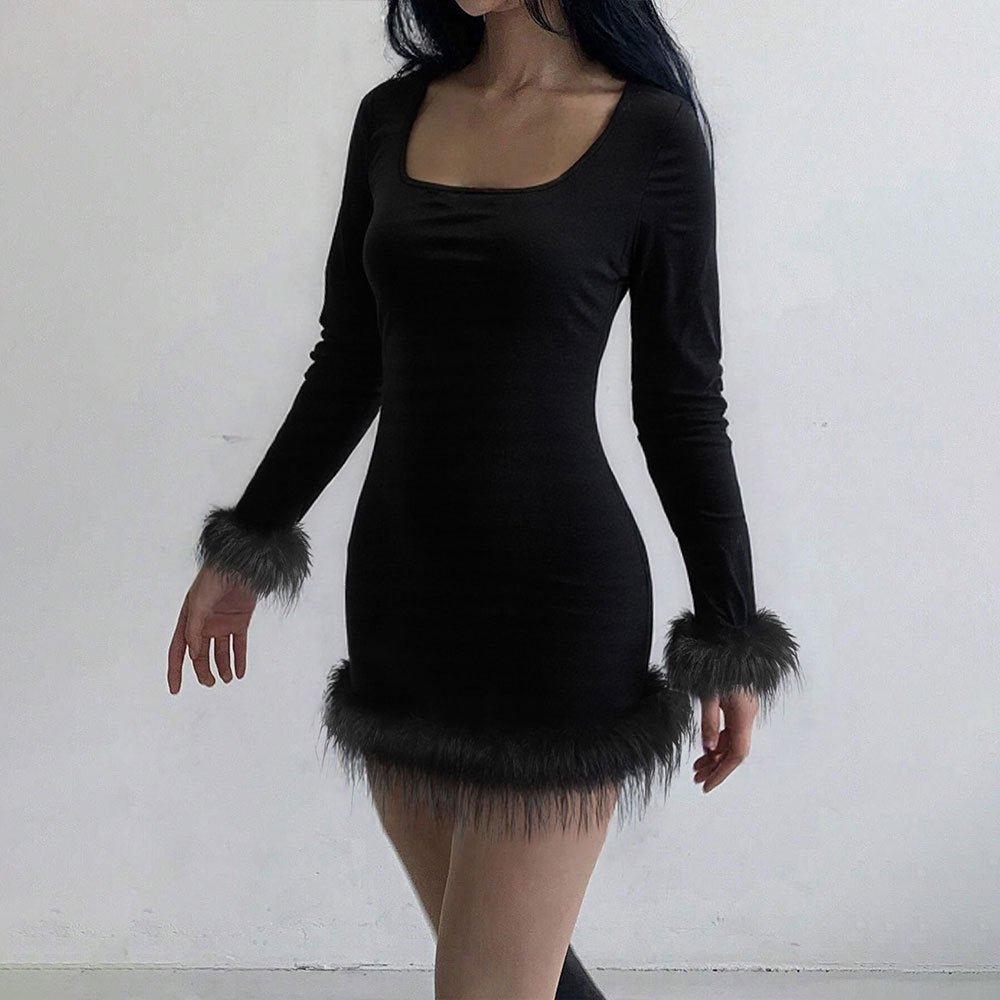 Damen Minikleid mit eleganten langen Ärmeln und fedrigen Abschlüssen Drune
