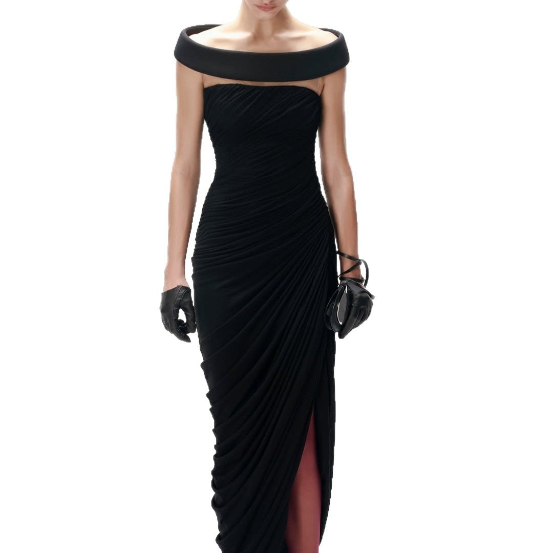 Damen Elegantes, schulterfreies Maxikleid mit raffinierten Drapierungen und hohem Schlitz Drune