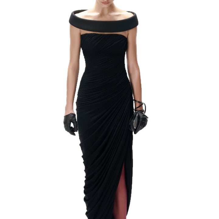 Damen Elegantes, schulterfreies Maxikleid mit raffinierten Drapierungen und hohem Schlitz Drune