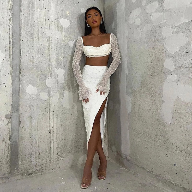Damen Elegantes Crop-Top mit langen, transparenten Ärmeln und funkelnden Akzenten Drune