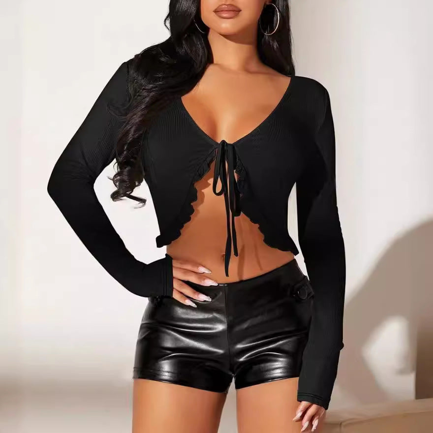 Damen kurzärmeliges Crop-Top mit verspieltem Kordelzug und Rüschendetails Drune