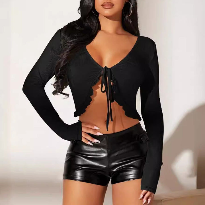 Damen kurzärmeliges Crop-Top mit verspieltem Kordelzug und Rüschendetails Drune
