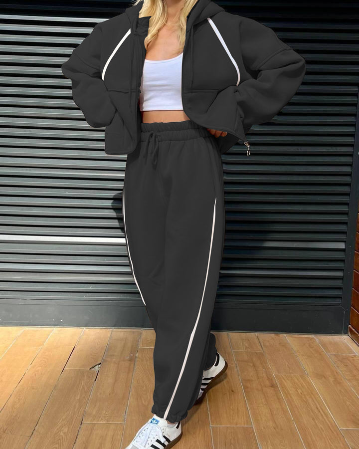 Damen nan kurzes Zip-Hoodie und Highwaist Jogginghose Set mit elastischem Komfortbund und seitlicher Paspel Drune