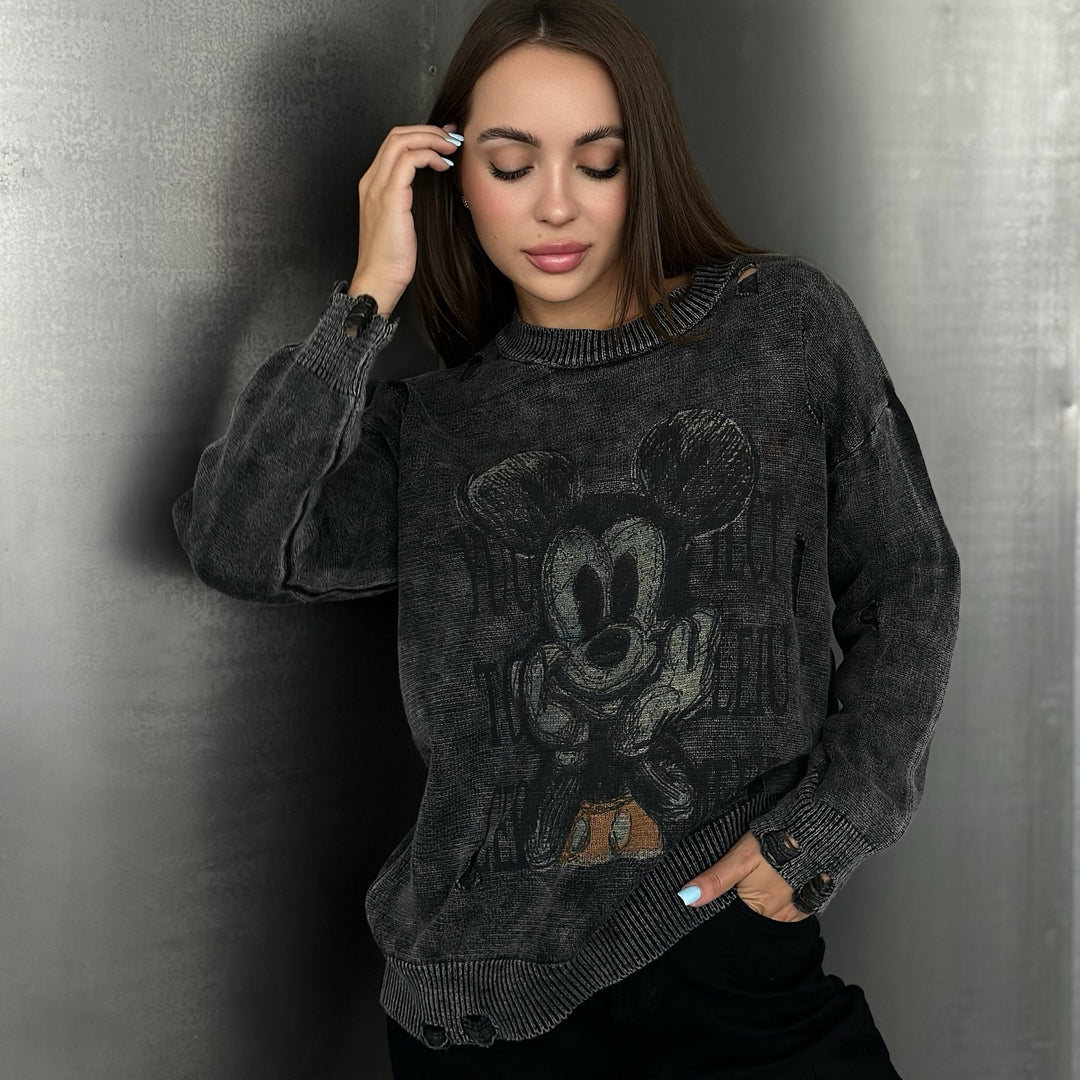 Damen Oversized Sweatshirt mit kreativem Disney-Motiv und modischen Lochdetails Drune