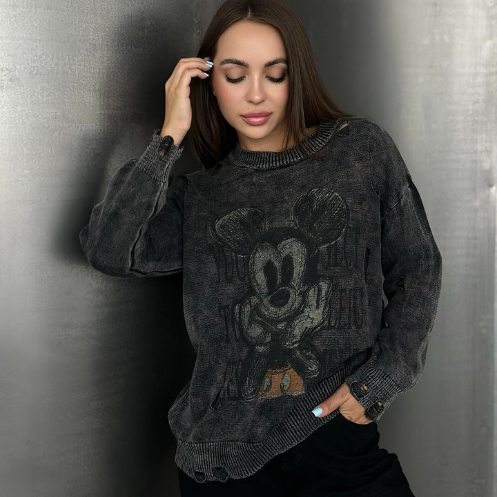 Damen Oversized Sweatshirt mit kreativem Disney-Motiv und modischen Lochdetails Drune