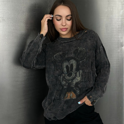 Damen Oversized Sweatshirt mit kreativem Disney-Motiv und modischen Lochdetails Drune