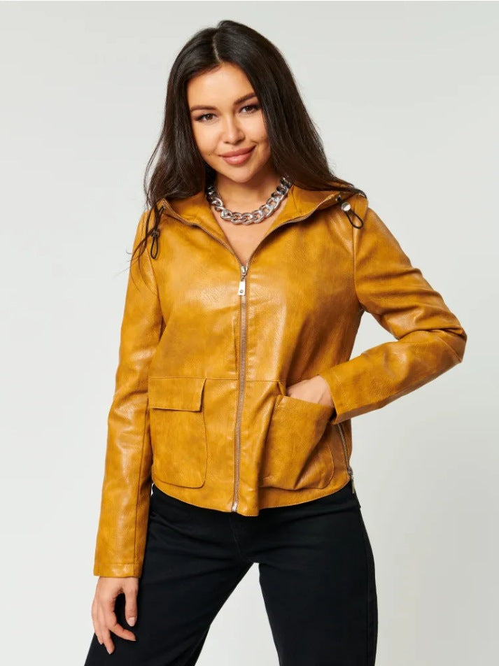 Damen Kunstlederjacke mit angeschnittenem Hoodie und praktischen Taschen Drune
