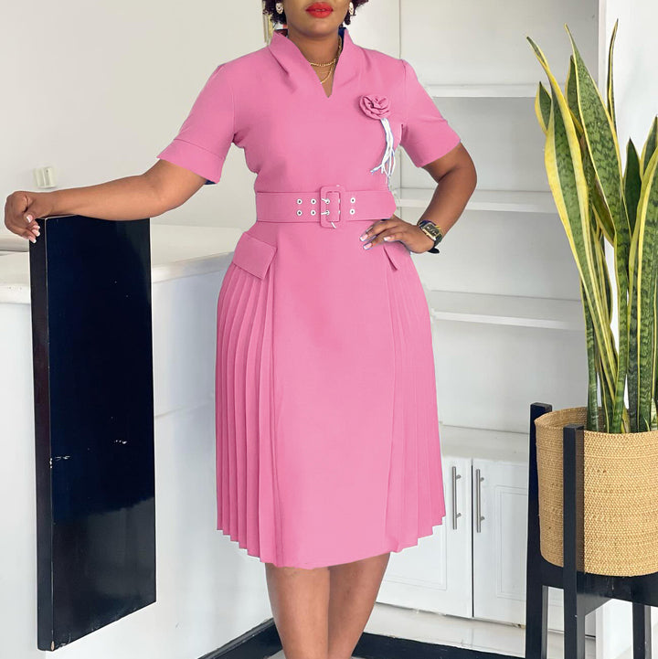 Damen Midi-Kleid mit stilvollem Gürtel und eleganter Rüsche Drune