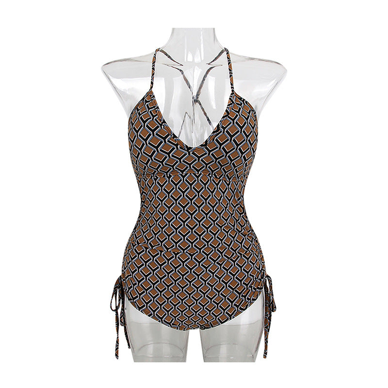Damen Einteiliger Badeanzug mit verstellbarem Schnürdetail und geometrischem Design Drune