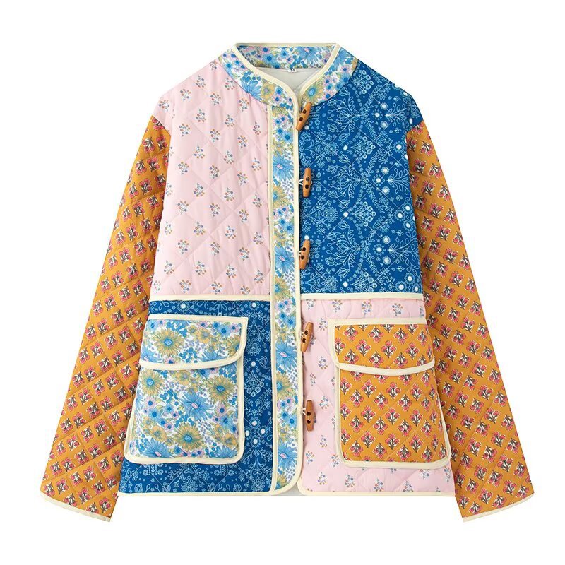 Damen gesteppte Übergangsjacke mit floralen Mustern und großen Taschen Drune