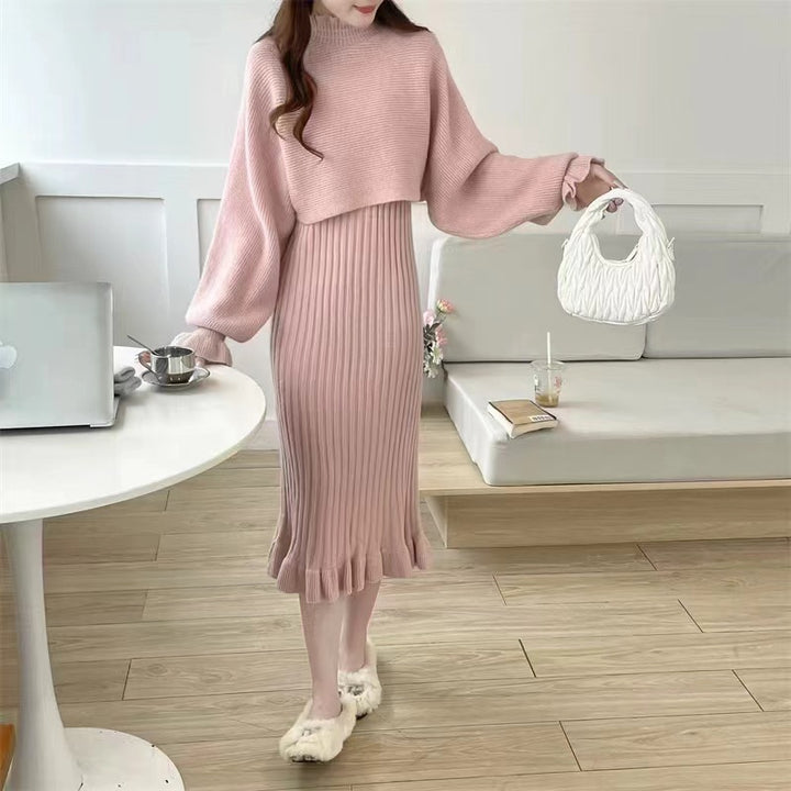 Damen Strickkleid mit hochgeschlossenem Kragen und Rippstruktur Drune