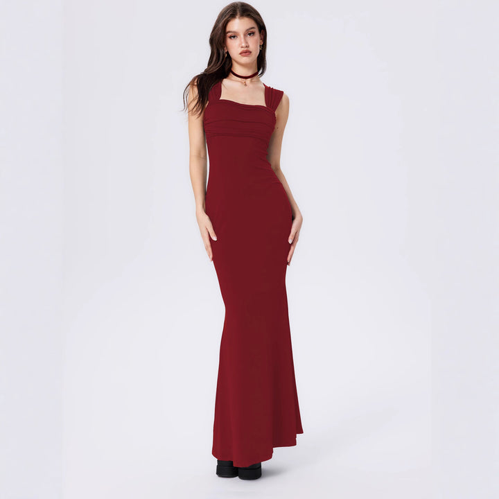 Damen figurbetontes Maxikleid mit gerafftem Oberteil und modernen Trägern Drune