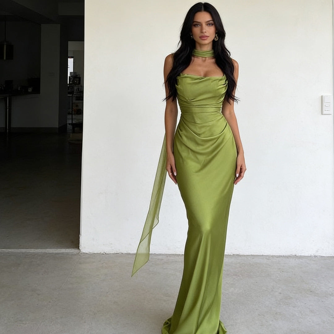 Damen Elegantes Satin-Maxikleid mit schulterfreiem Design und figurbetontem Schnitt Drune