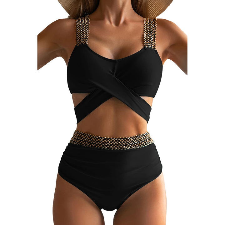 Damen Hochgeschnittener Bikini mit modischem Wickeloberteil und glamourösen Akzenten Drune