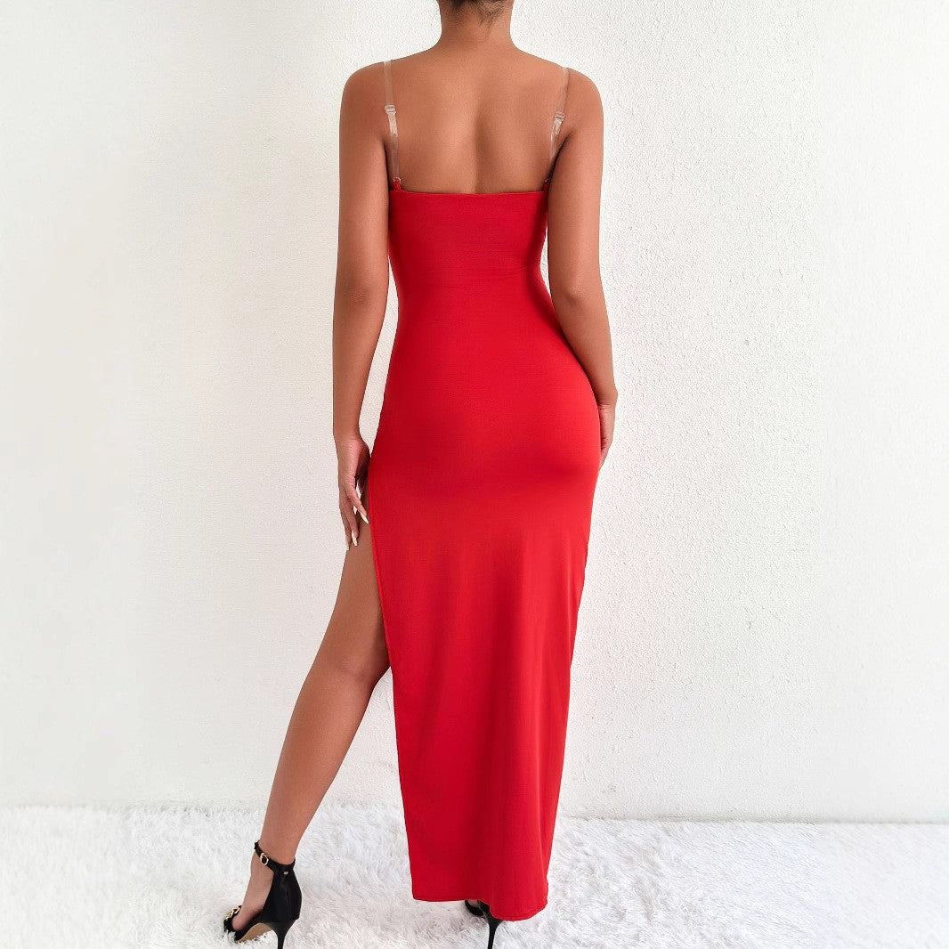 Damen Elegantes Maxikleid mit seitlichem Schlitz und feinen Trägern Drune