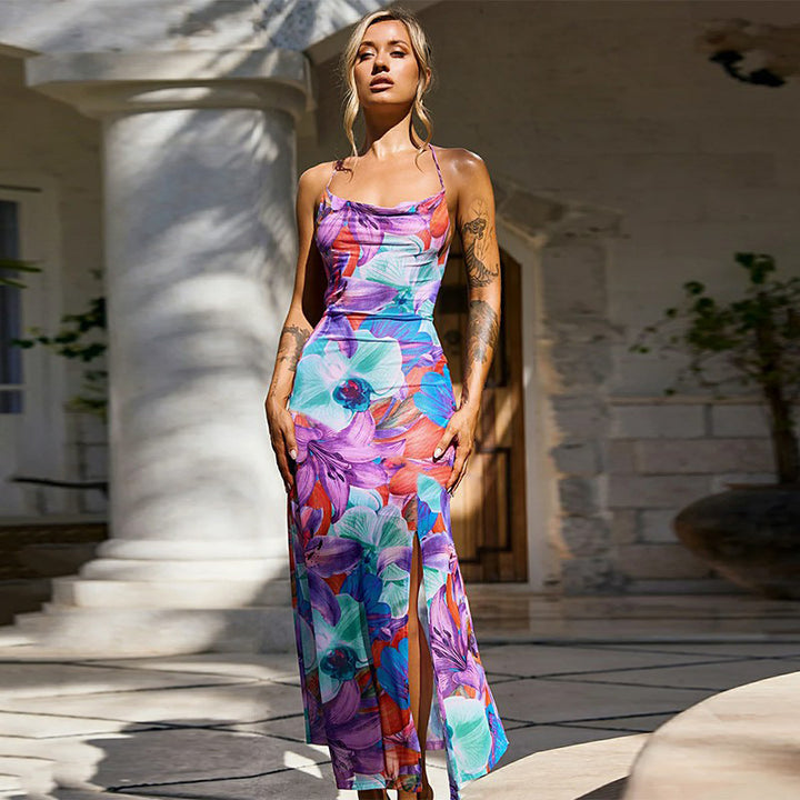 Damen Maxikleid mit floralem Druck und sexy hohem Schlitz Drune