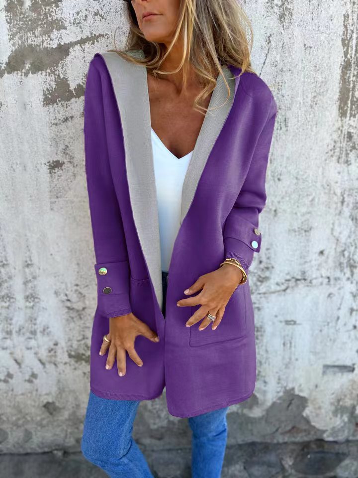 Drune | Strickjacke mit Kapuze Weiche Strickware Lockere Passform Kontrastbesatz Taschen
