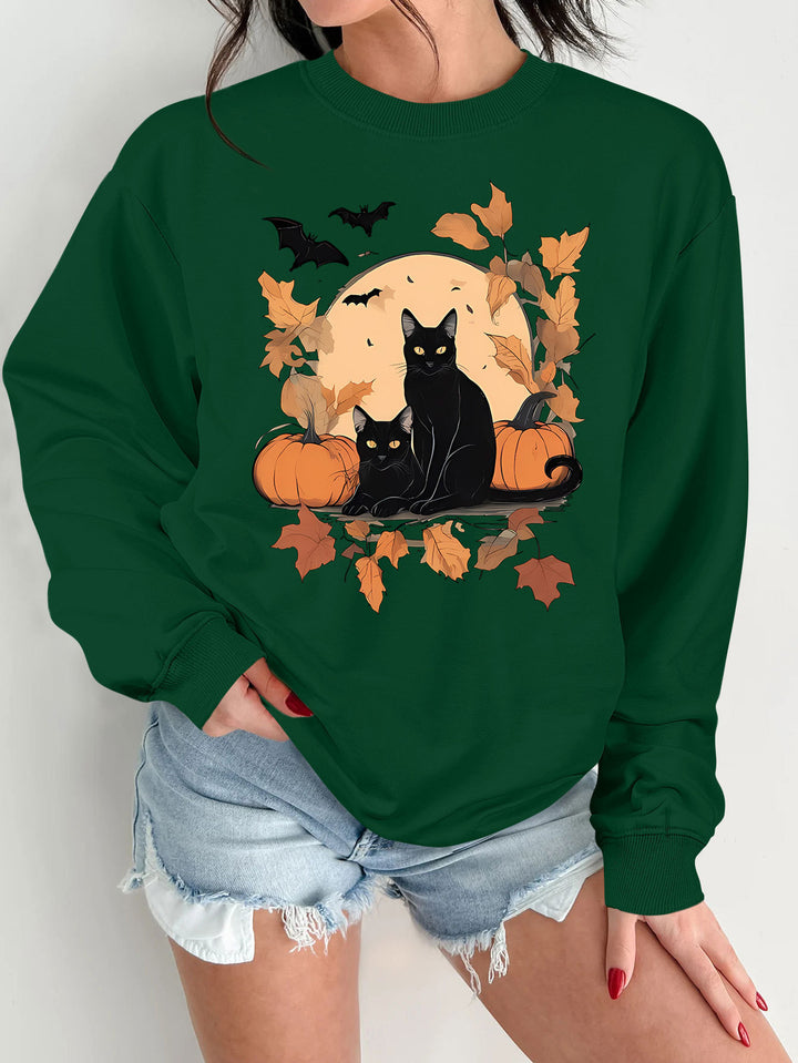 Damen Sweatshirt mit herbstlichem Katzen- und Kürbisdesign Drune