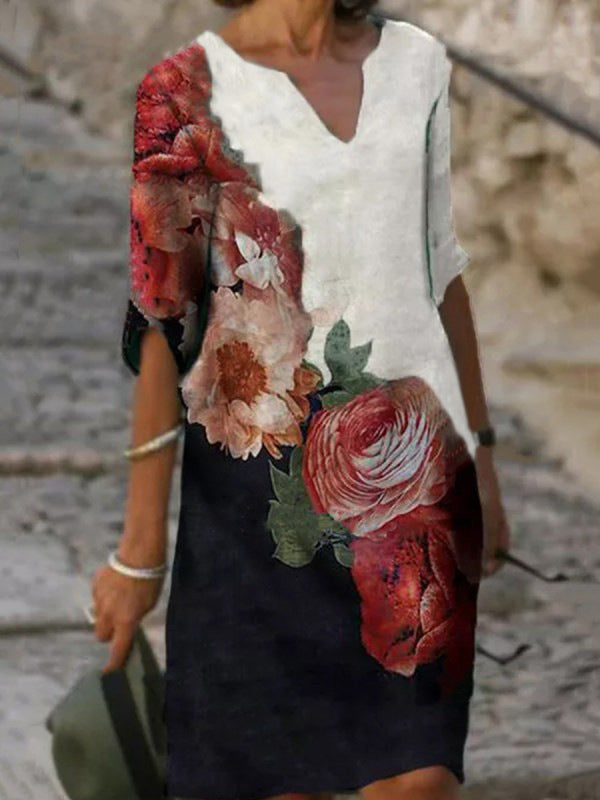 Damen nan lässiges Leinenkleid mit V-Ausschnitt und floralem Allovermuster, knielang mit dreiviertelärmeln Drune