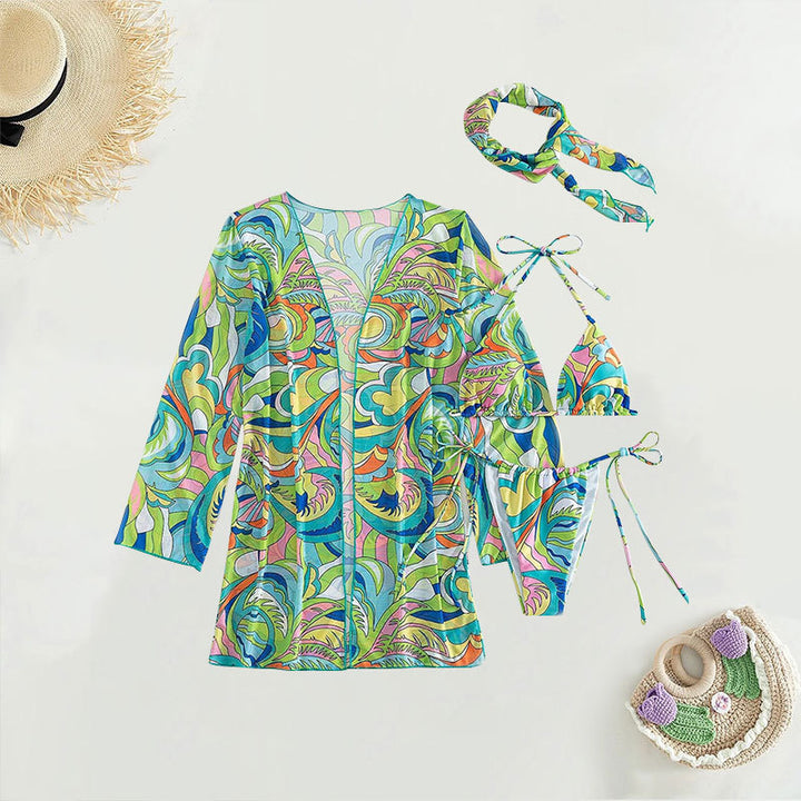 Damen Bunt bedruckter Bikini mit langem Cover-Up Drune