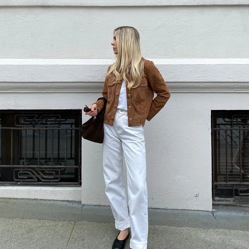 Damen klassische Wildlederjacke mit aufgesetzten Taschen und sportlichem Schnitt Drune
