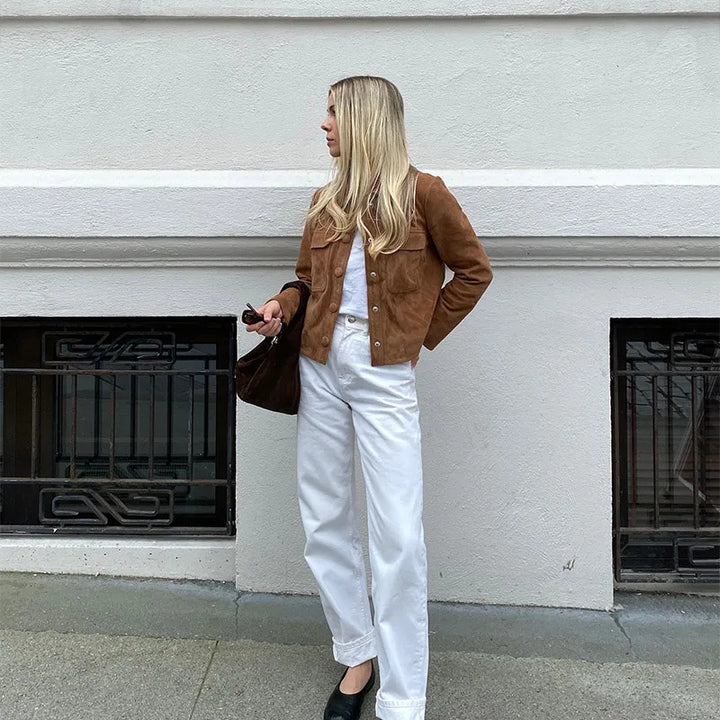 Damen klassische Wildlederjacke mit aufgesetzten Taschen und sportlichem Schnitt Drune