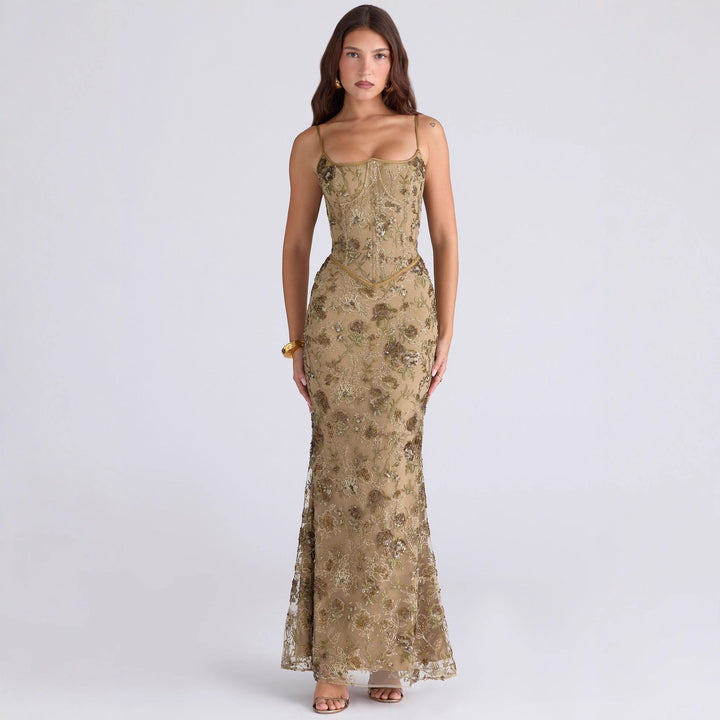 Damen nan besticktes Corsagenabendkleid mit transparenter Spitze und figurbetonter Silhouette Drune