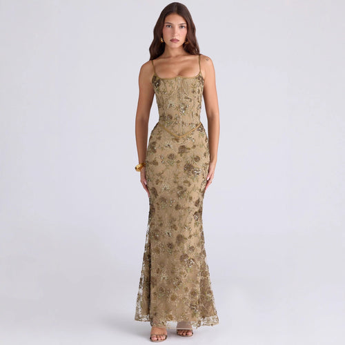 Damen nan besticktes Corsagenabendkleid mit transparenter Spitze und figurbetonter Silhouette Drune